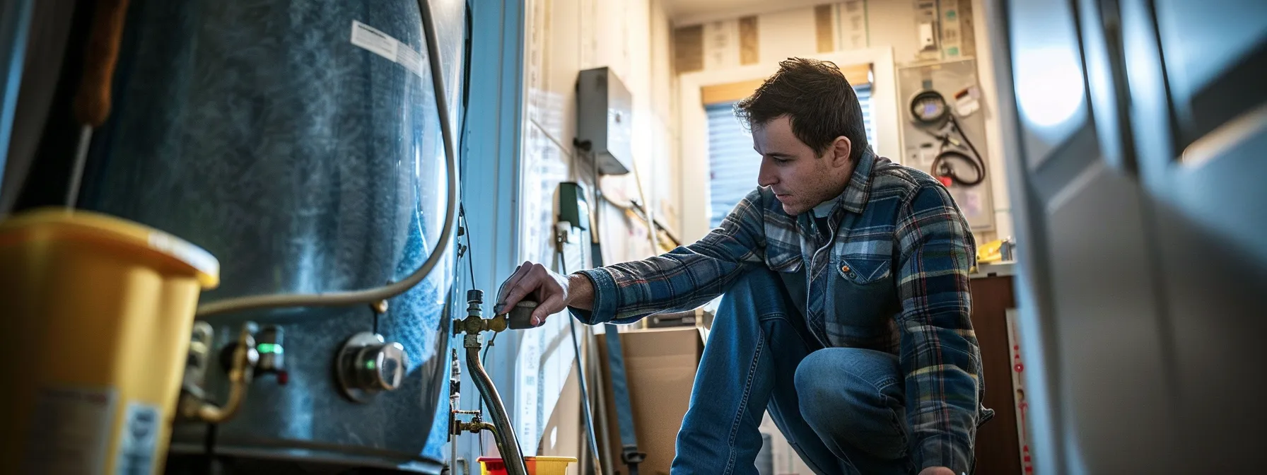 a homeowner carefully inspecting and flushing a water heater, surrounded by tools and a maintenance checklist.