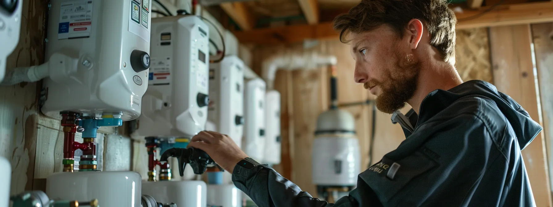 a professional installer carefully selecting the appropriate fuel source and installation technique for various water heater types.