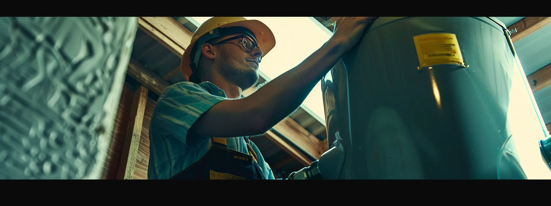 a professional plumber carefully examining a water heater installation site, equipped with tools and a confident demeanor.