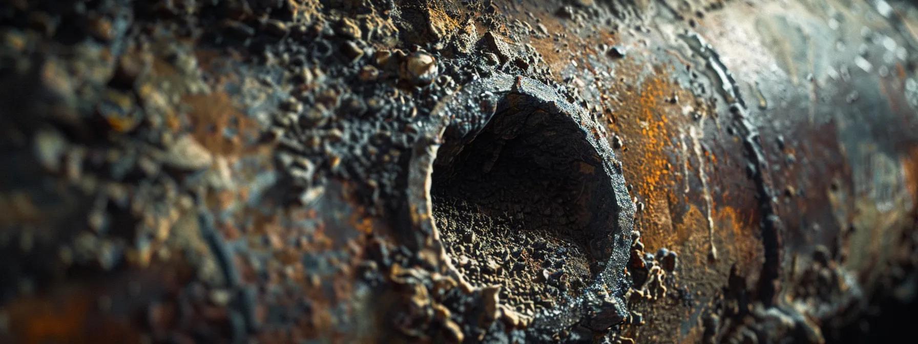 a close-up of a corroded pipe covered in thick limescale and sediment buildup, illustrating the importance of addressing hard water corrosion.