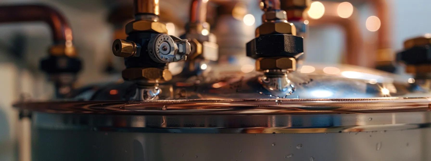 a close-up shot of a water heater tank with visible heating elements, burner assembly, and relief valves, showcasing the vital components for hot water supply.