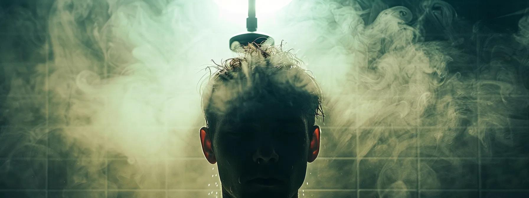 a frustrated person staring at a cold shower with steam rising from the faucet.