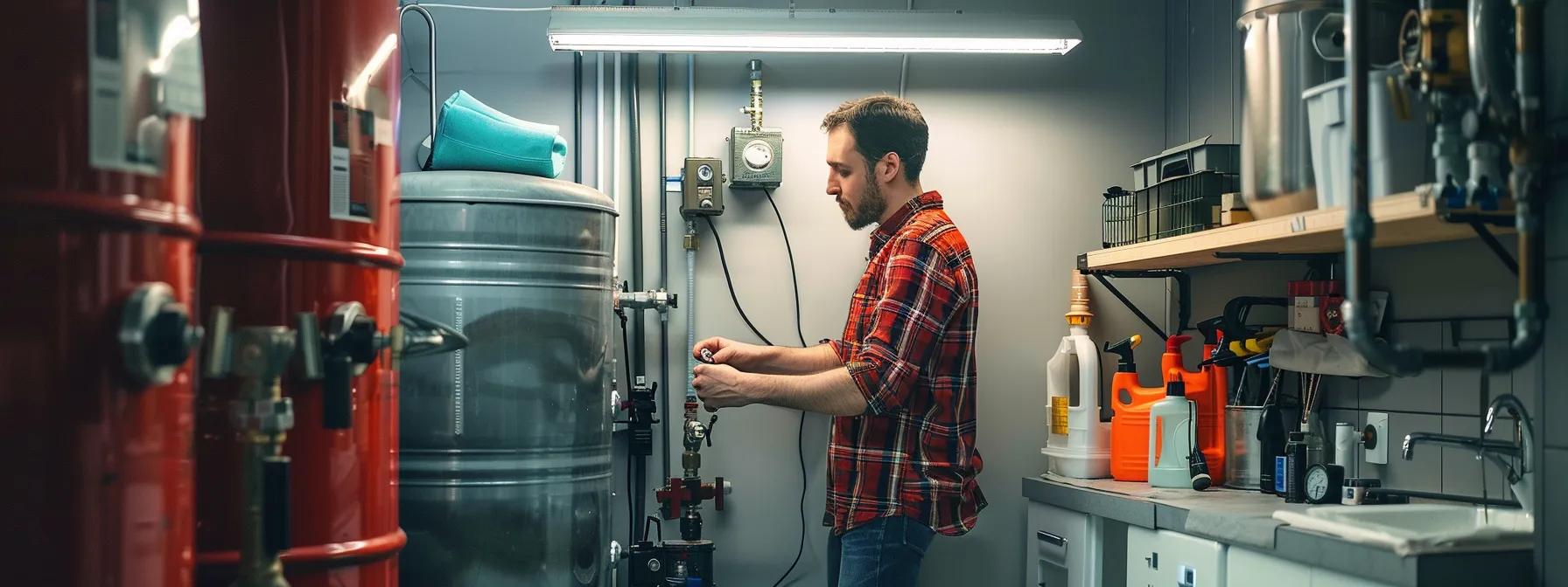 a plumber checking the pressure relief valve on a water heater, surrounded by neatly organized tools and equipment.