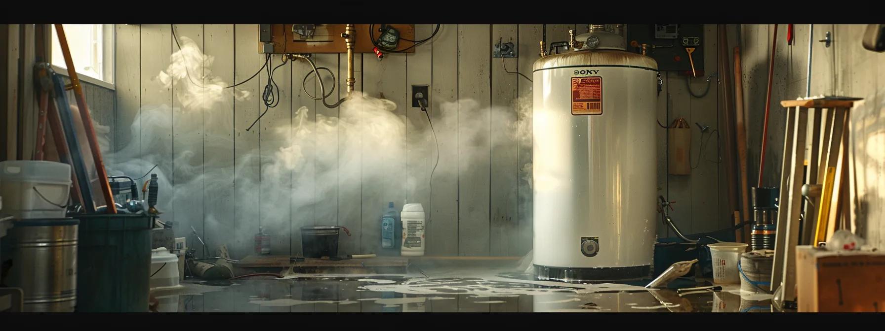 a water heater with steam billowing out, surrounded by puddles of water and tools, indicating the need for professional help.