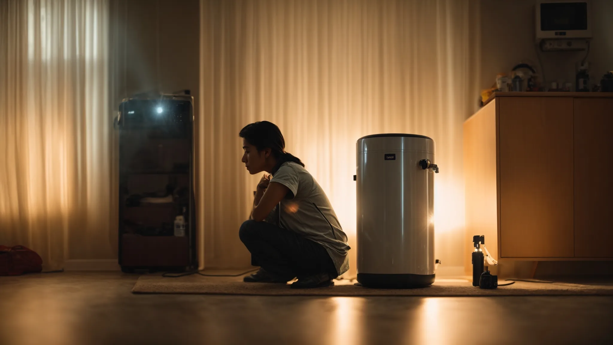 a focused homeowner crouches beside a water heater, illuminated by warm light, intently listening to the peculiar sounds emanating from the unit, surrounded by tools and an air of curiosity.